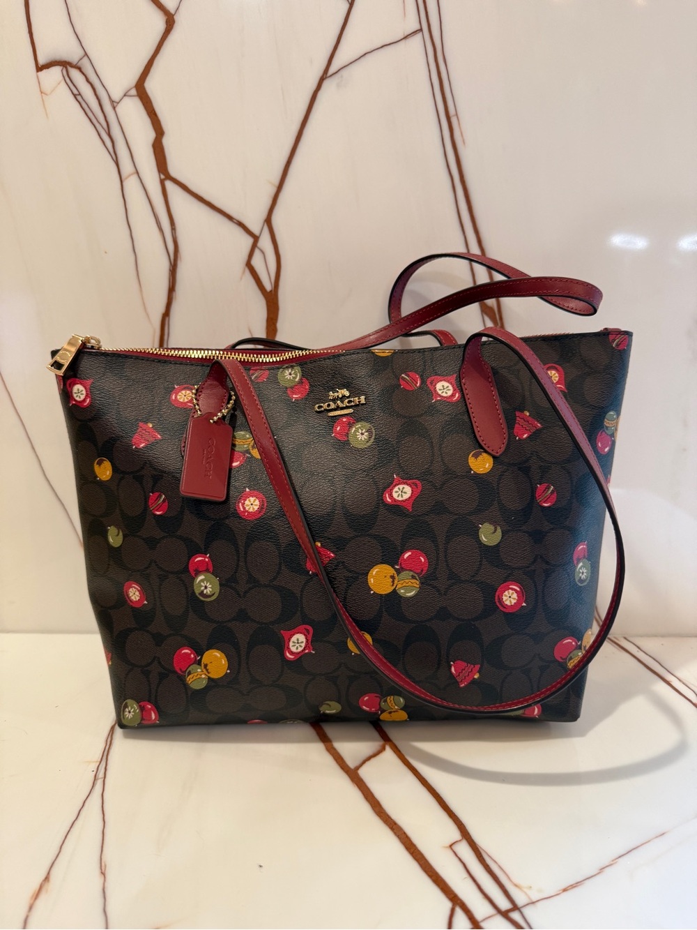 Coach Dark Brown Ornament-Print Tote with Red Trim